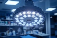 Modern LED surgical light in operating room with bright white illumination for medical procedures and hospital surgery equipment.