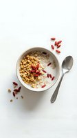 Overhead view of granola cereal with goji berries and milk in white bowl with spoon on white surface. Healthy breakfast.