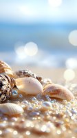 Seashells and pearls on sandy beach with soft bokeh light effects and ocean background, creating romantic summer vacation atmosphere at sunset.