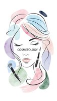 Cosmetology student portrait with makeup brushes and watercolor splashes for beauty salon branding and educational materials.