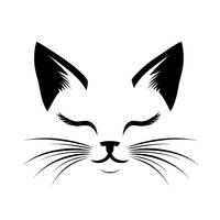 Minimalist black cat face silhouette with whiskers and pointed ears isolated on white background for logo design and branding projects.