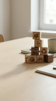 Wooden blocks stacked in pyramid with sustainability icons including solar panels, wind turbine, water droplet, recycling symbol, globe and bicycle on office desk for environmental business concepts.