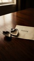 Open silver heart locket beside a sorry note on a dark wooden table, evoking apology, heartbreak, and lost love emotions.