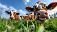 Curious brown and white dairy cow with funny expression peering into camera lens through green grass meadow, with other cows grazing in background on sunny day.