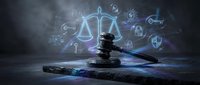 Judge's gavel with glowing scales of justice and digital icons representing law, legal technology, and cybersecurity for legal services and compliance.