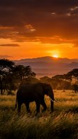 African elephant silhouette grazing in savanna grassland during golden hour sunset with dramatic orange sky and mountain backdrop for wildlife photography.