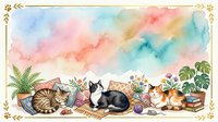 Watercolor cats reading books surrounded by plants and yarn balls in decorative frame. Cozy literary scene for educational materials and pet lover designs.