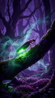 Glowing firefly beetle on mossy tree branch in mystical purple forest with ethereal light creating magical woodland atmosphere for fantasy storytelling.