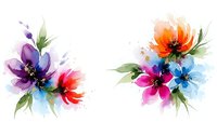 Watercolor floral elements with vibrant purple, orange, pink and blue blooms on white background for creative design projects.