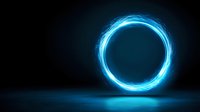 Glowing blue neon circle ring floating in dark space with light reflection on surface, abstract futuristic portal effect for technology and sci-fi concepts.