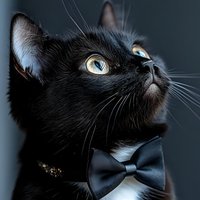 Close-up portrait of elegant black cat wearing bow tie collar, looking up with bright yellow eyes against dark background. Dramatic lighting highlights facial features.