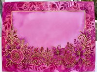 Vibrant pink watercolor floral frame with gold outlines, roses and botanical elements, empty center space for text or greeting card design.