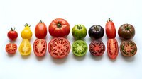 Young and old heirloom tomato varieties arranged in rows, displaying diverse colors from red, yellow, green to dark purple, sliced and whole fruits on white background.