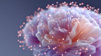 Dreamy macro shot of delicate flower with translucent petals in pink and purple hues, surrounded by glowing particles against dark blue background.