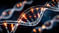 Glowing DNA strand with orange light effects on dark background, genetic research concept showing molecular structure and genetic code visualization.