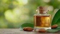Natural almond oil in glass bottle with cork stopper and fresh almonds on wooden surface with green leaves background for skincare and aromatherapy.