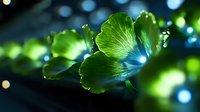 Fresh green ginkgo biloba leaves with water drops against blurred blue bokeh background, macro nature photography showing morning dew and natural light.