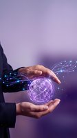 Businessman hands protecting glowing digital globe with network connections on purple background for technology and global business concepts.
