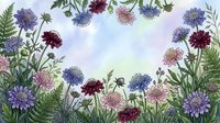 Watercolor floral frame with purple, pink, and burgundy wildflowers and ferns on a soft pastel sky background, forming a natural border.