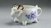 White porcelain unicorn mug with blue floral pattern and golden horn on gray background. Whimsical ceramic drinkware for fantasy lovers and tea enthusiasts.