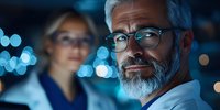 Mature medical professional with gray beard and glasses in clinical environment with blue bokeh lights, colleague in background working late hours.