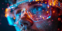 Close up portrait of young man wearing futuristic glasses with neon lights and bokeh reflections creating