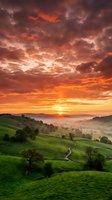 Dramatic sunrise over rolling green hills with winding path through misty valley, vibrant orange and golden sky with clouds, scenic rural landscape for nature and travel projects.