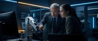 Senior male executive with gray hair and Caucasian ethnicity in business suit collaborates with young female professional of Asian descent examining robotic arm in modern laboratory setting with neon lighting.