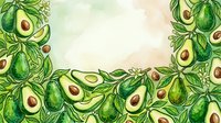Fresh avocado fruits with leaves arranged as decorative border frame on watercolor background, suitable for organic food packaging, recipe blogs, and healthy eating designs.