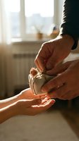 Hands carefully unwrapping small gift with twine bow in warm sunlight by window. Giving, receiving presents concept for holidays and special occasions.
