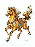 Ornate golden horse with flowing mane and decorative saddle, isolated on white background, ready for design use on apparel and merchandise.