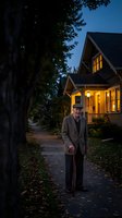 Elderly Caucasian man with walking cane standing on residential sidewalk at dusk with warm house lights glowing in background during autumn evening.