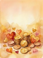 Watercolor golden coins with crown symbols surrounded by floating hearts in warm orange and pink tones on textured paper background for romantic finance concepts.