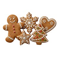 Gingerbread cookies with white icing details including smiling man, snowflakes, heart and tree shapes on white background. Isolated holiday baking clipart for seasonal designs.