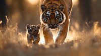 Bengal tiger mother and cub walking through tall golden grass at sunset, backlit by warm sunlight creating magical atmosphere in natural wildlife setting.