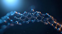 Glowing molecular structure with interconnected atoms and bonds floating in dark blue space with bokeh light effects and depth of field blur.