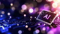 AI microchip processor on circuit board with glowing connections and bokeh lights representing artificial intelligence technology advancement.