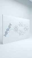 Scientific diagram showing DNA helix, atomic structure and mathematical formulas on white canvas in modern minimalist interior for educational content.