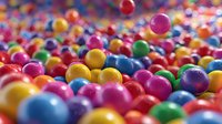 Colorful candy-coated chocolate balls scattered in vibrant rainbow pattern. Sweet confectionery treats in red, blue, yellow, green, purple hues for dessert concepts.