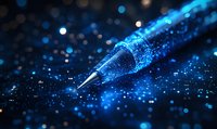 Glowing blue pen tip surrounded by magical sparkles and bokeh lights against dark background, creating futuristic writing concept for creative and educational designs.