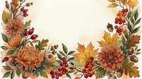 Watercolor autumn floral wreath frame with chrysanthemums, berries, acorns, and fall leaves in warm orange and red tones on light background.