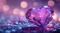 Purple crystal heart on glittering surface with soft bokeh lights in pink and blue tones creating romantic dreamy atmosphere. Macro photography with shallow depth of field.