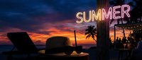 Glowing neon summer sign at tropical beach sunset with straw hat, sunglasses, palm trees, and festive outdoor gathering in warm evening light.