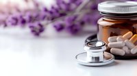 Medical stethoscope near glass jar with pills and capsules on white surface with purple lavender flowers in soft focus background for healthcare concept.