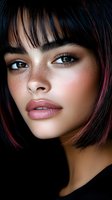 Close up portrait of young Asian woman with freckles, pink lips, and dark bob hairstyle with subtle pink highlights against black background. Natural makeup look.