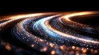 Glowing curved light trails with orange and blue streaks against dark background create dynamic motion effect with sparkling particles and bokeh elements.
