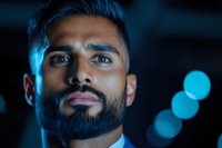 Young South Asian businessman with beard in blue lighting looking up confidently against dark background with bokeh lights. Professional portrait.