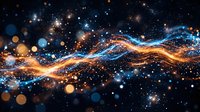 Glowing golden and blue light waves flow across dark space with sparkling particles and bokeh effects, creating an abstract energy stream for digital backgrounds and technology designs.