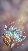 Magical crystal flower with glowing petals and golden leaves surrounded by floating light particles on dreamy bokeh background for fantasy design projects.