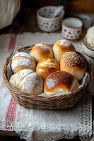 Fresh homemade bread rolls with various toppings including sesame seeds and flour dusting, served in rustic wicker basket on vintage linen cloth. Food photography.